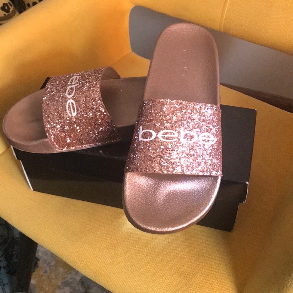 bebe rose gold slides size 11m.